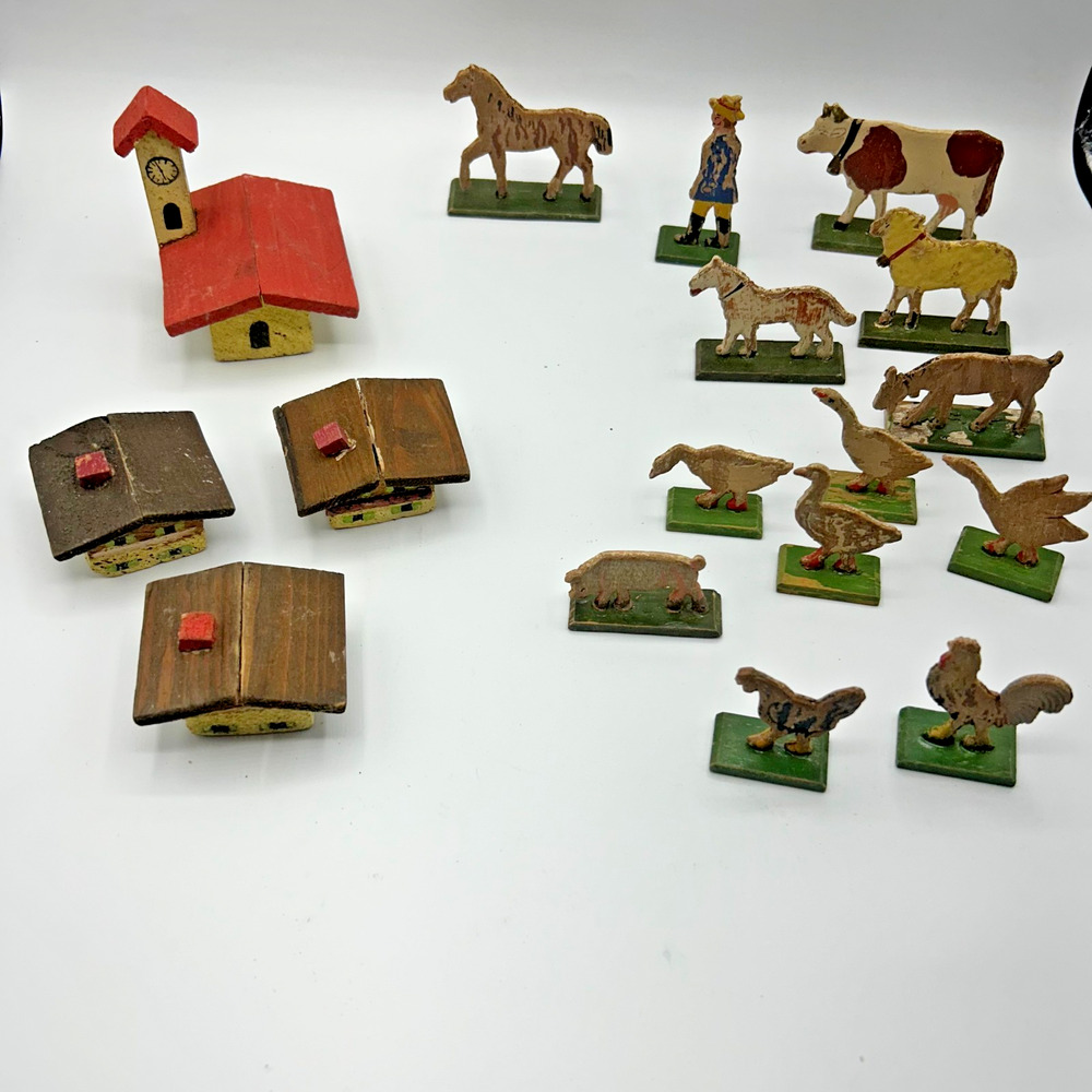 Erzgebirge Germany Wood Composition FARM Cutout Standee 17pc Antique
